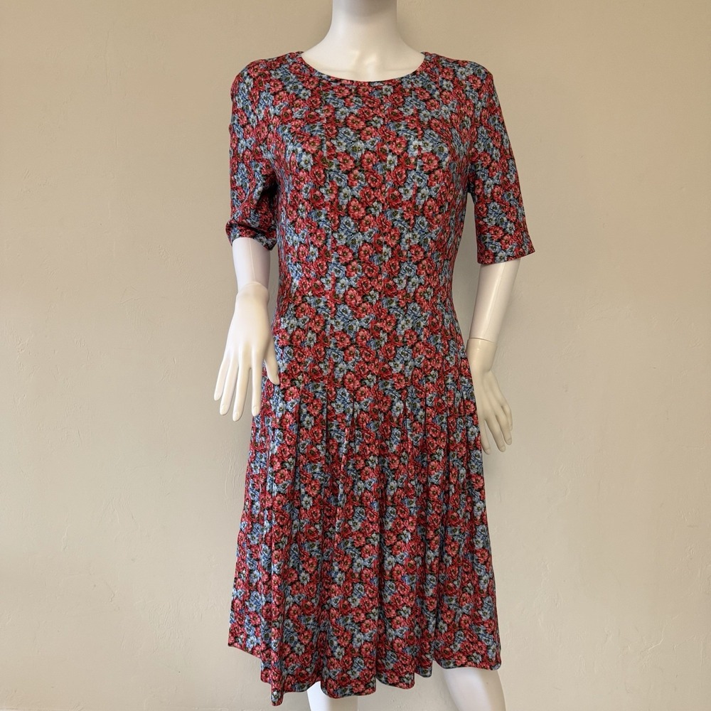 ESCADA Floral‎ Pleated Knit A-Line Dress Half Sleeve Red Blue Size 38